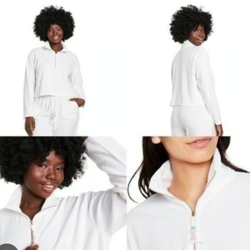 White Pullover Sweatshirt Quarter Zip Up Cropped Long Sleeve Top